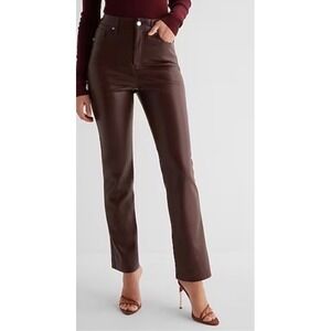 Chic Express 90s Slim Super High Rise Faux Leather Pants Burgundy Brown 10R